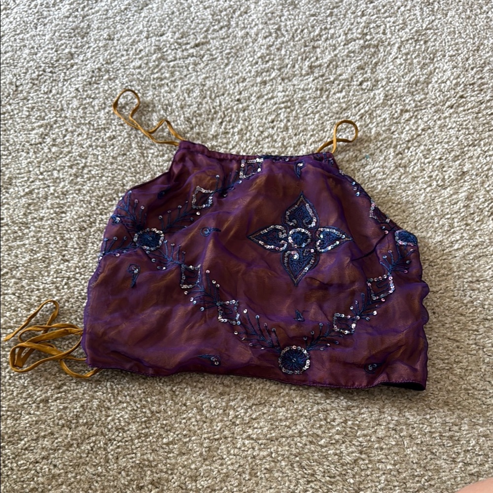Lotus Creations: Purple Beaded Lace Up Crop Top with Gold Straps from India